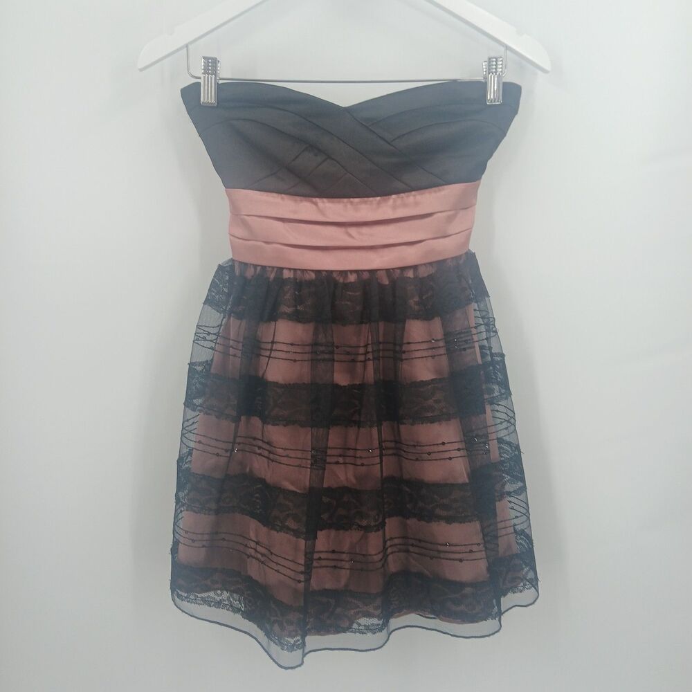 womans vintage juniors size 3 black and pink strapless mini dress lace sequin
